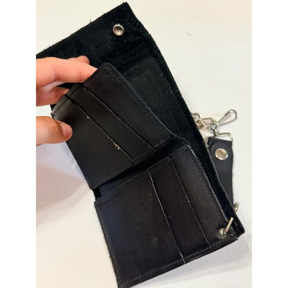 Harley Davidson Vintage Black Leather Biker Chain Wallet Eagle Logo Trifold